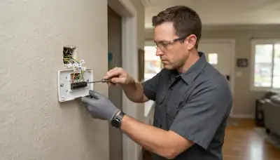 Denver, CO electrician installing a thermostat base and connecting labeled wires to terminals