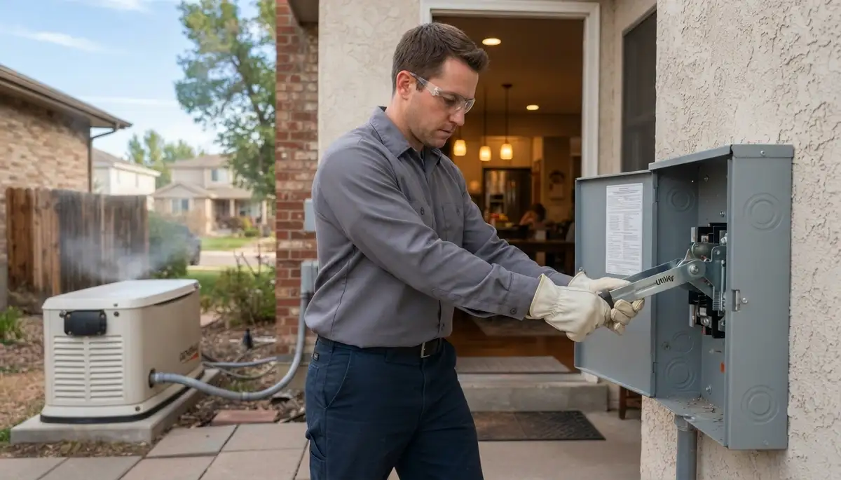 Denver, CO electrician moves transfer switch handle to verify generator backup power during simulated outage