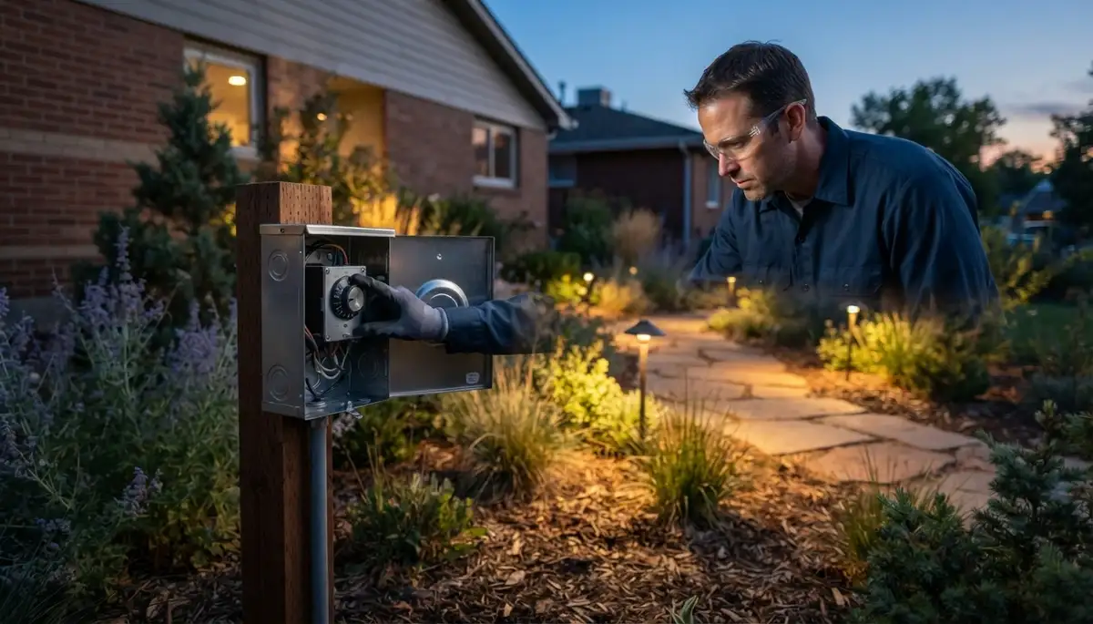 Denver, CO electrician adjusts a landscape lighting transformer timer at dusk, verifying illuminated path fixtures