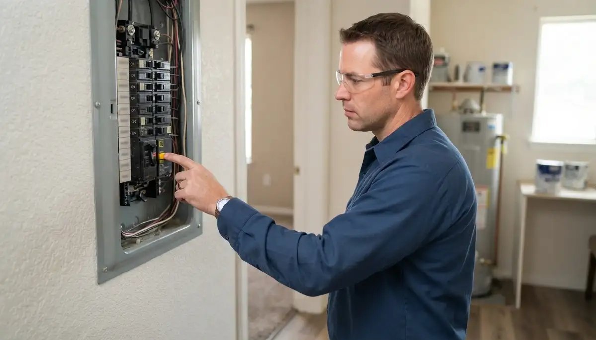 Denver, CO electrician pressing a GFCI breaker test button to verify ground-fault protection after installation