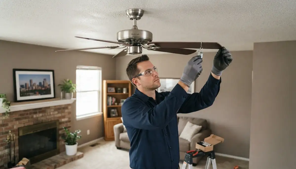 Denver, CO electrician clips a balancing weight onto a ceiling fan blade during repair verification